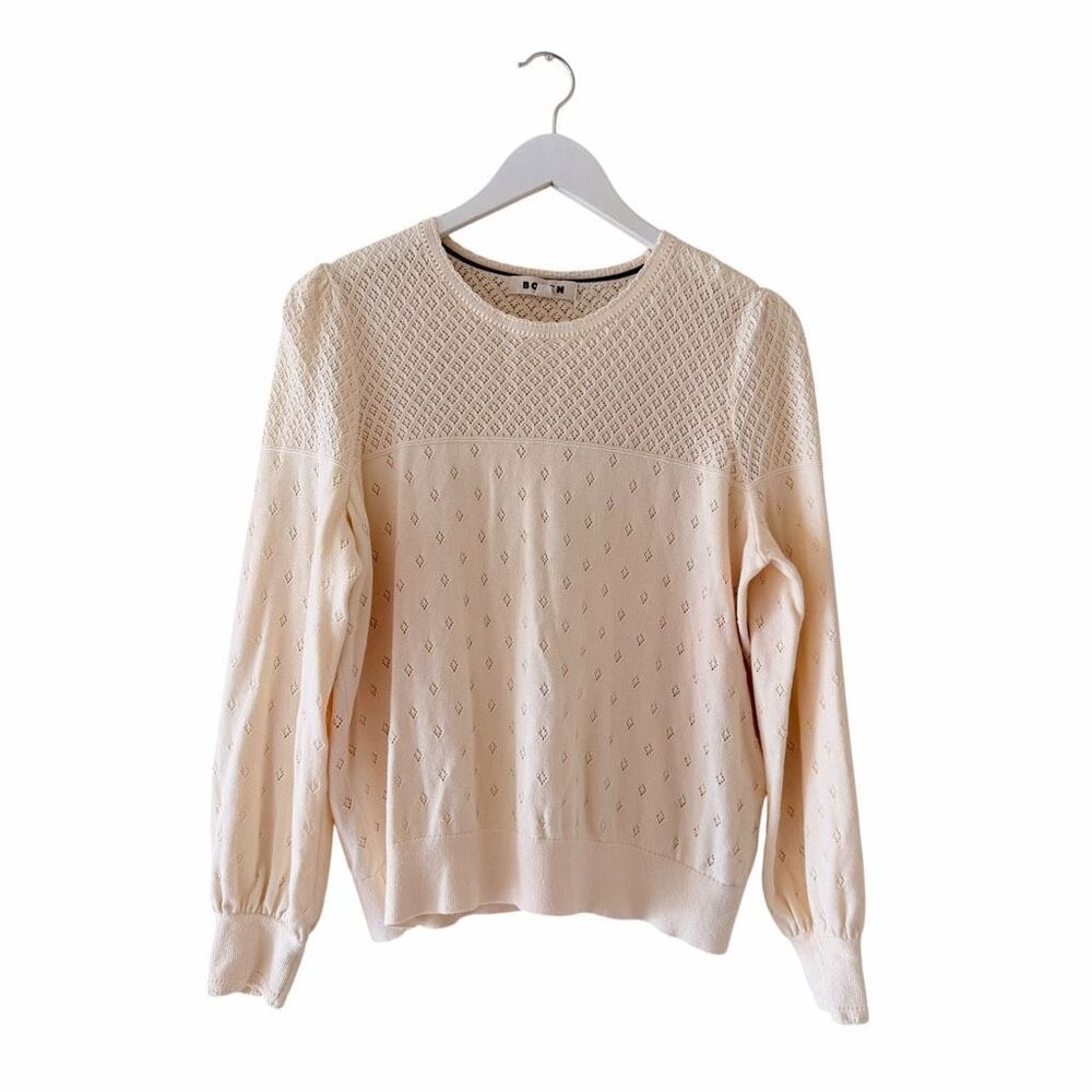 Boden Rosalie Pointelle Jumper Cotton Knitwear Cream Buffon Sleeves Sz L #2691
